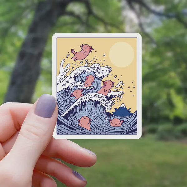 Axolotls Riding Japanese Big Wave Sticker - 3"