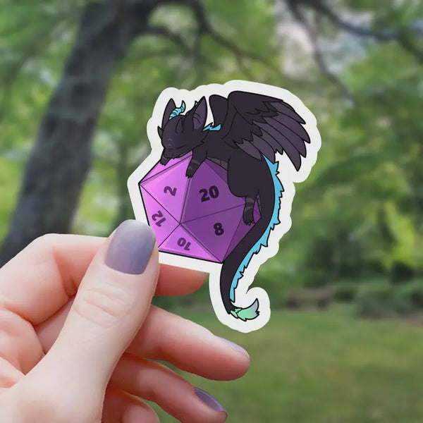 Black Dragon On D20 Dice Sticker - 3"