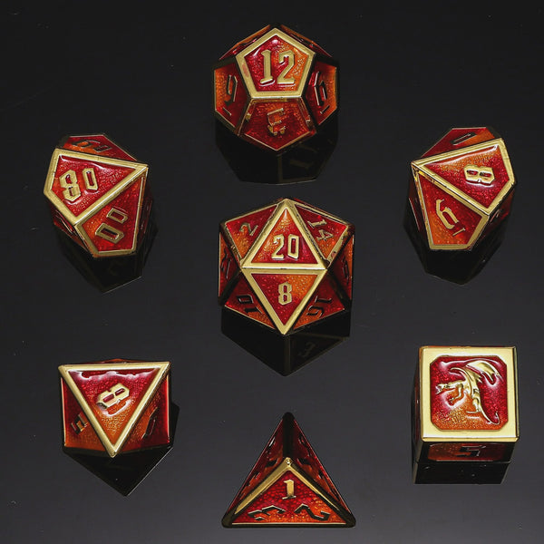 Hymgho Metal Dice Set: Draconis Gold with Red & Orange