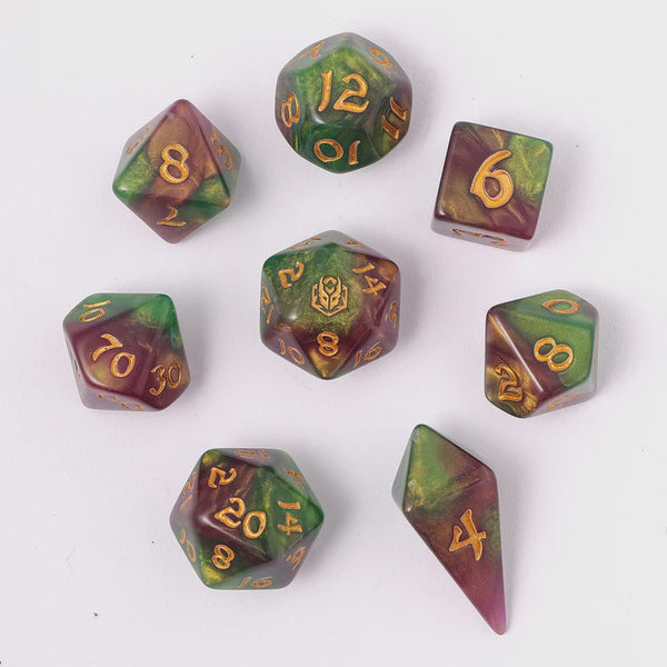 Hymgho Acrylic Dice: Rounded Edge 8 Piece Polyhedral Dice set - Wyvern Venom