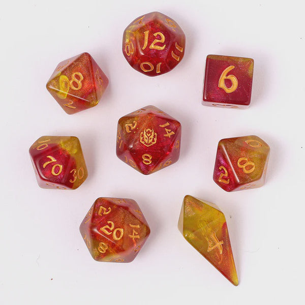 Hymgho Acrylic Dice: Rounded Edge 8 Piece Polyhedral Dice set -Phoenix Feather