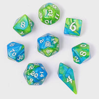 Hymgho Acrylic Dice: Rounded Edge 8 Piece Polyhedral Dice set - Verdant Stream