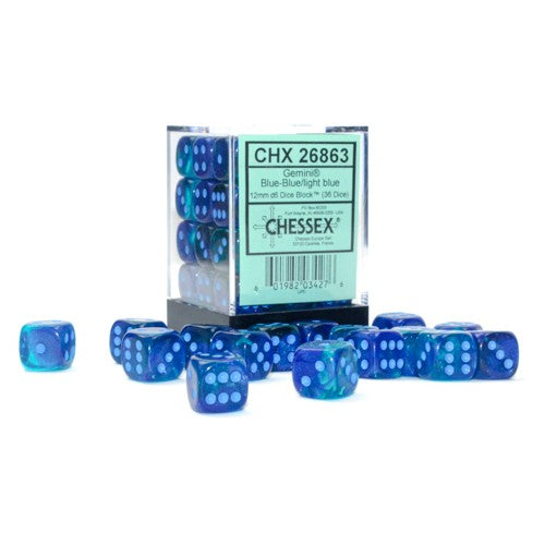 Gemini 12mm d6 Blue-Blue/Light Blue Luminary Dice Block (36 dice)