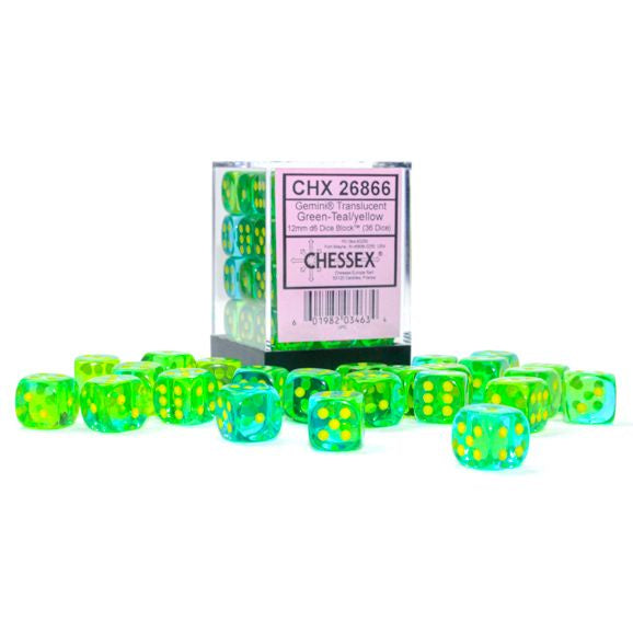 12mm d6 Translucent Gemini  Green-Teal with Yellow Dice Block (36 dice)