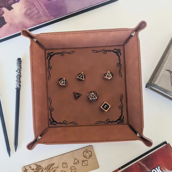 Dice Tray- Vegan Leather: Dragon Border Chestnut
