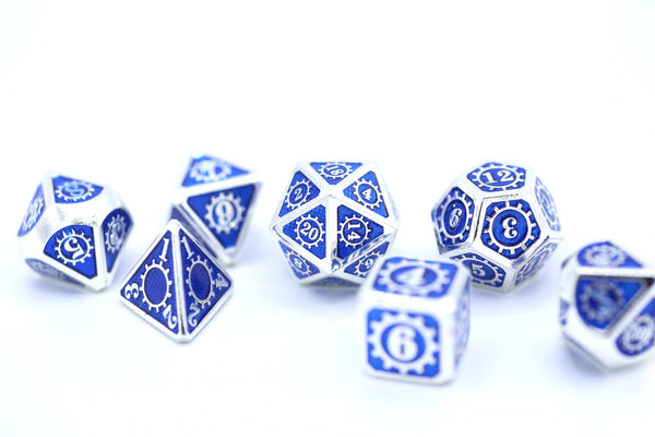 Hymgho Metal Dice Set: Solid Metal Gears of Providence Silver with Royal Blue Enamel