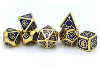 Hymgho Metal Dice Set: Solid Metal Gears of Providence Gold with Royal Blue Enamel