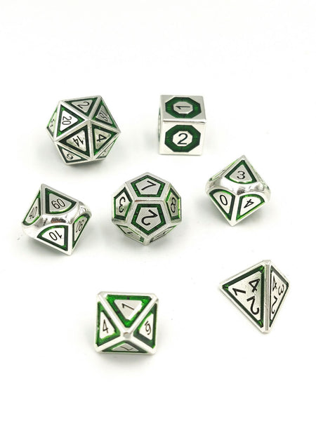 Hymgho Metal Dice Set: Solid Metal Leyline Silver with Green Chrome Inlay