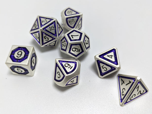 Hymgho Metal Dice Set: Solid Metal Leyline Matte Silver with Purple Chrome Inlay