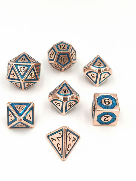 Hymgho Metal Dice Set: Solid Metal Leyline Rose Gold with Blue Chrome Inlay