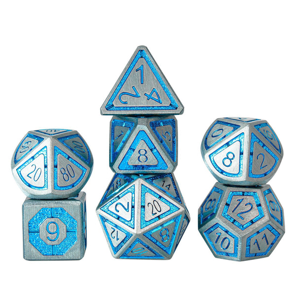 Hymgho Metal Dice Set: Solid Metal Leyline Silver with Blue Chrome Inlay