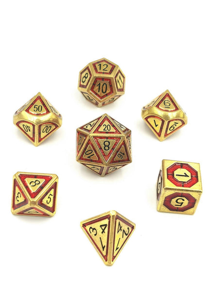 Hymgho Metal Dice Set: Solid Metal Leyline Shiny Gold with Red Chrome Inlay