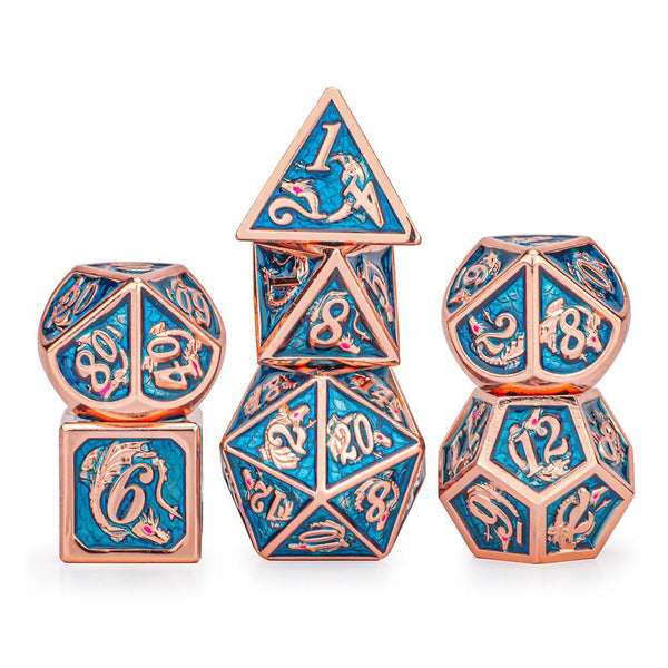 Hymgho Metal Dice Set: Solid Metal Dragon Copper with Light Blue