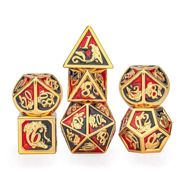 Hymgho Metal Dice Set: Solid Metal Dragon Gold with Red/Black