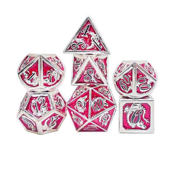 Hymgho Metal Dice Set: Solid Metal Dragon Silver and Red with Black Lettering