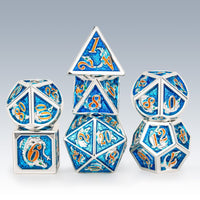 Hymgho Metal Dice Set: Solid Metal Dragon Silver and Blue with Red Lettering