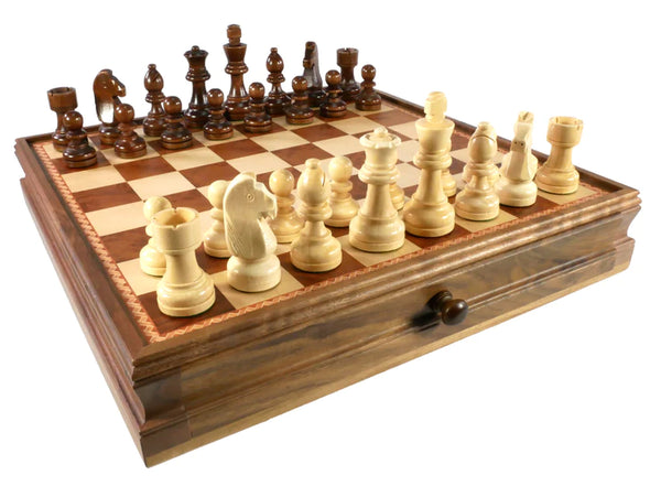 Chess: Brown & Natural Boxwood German Knight Chessmen on Walnut Maple Chest