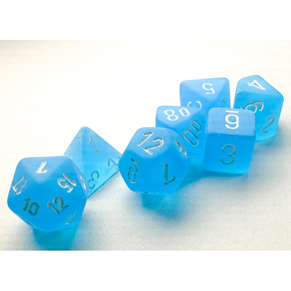 Frosted Mini Polyhedral Caribbean Blue with White 7-Die Set