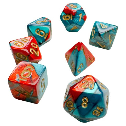 Gemini Mini Polyhedral Red Teal with Gold 7-Die Set