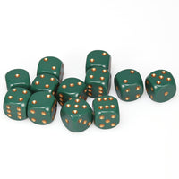 Opaque 16mm d6 Dusty Green/copper Dice Block (12 dice)