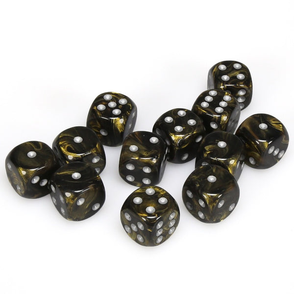 Leaf 16mm d6 Black Gold/silver Dice Block (12 dice)